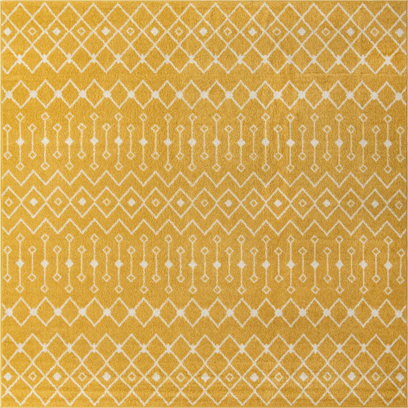Tapis jaune / ivoire en polypropylène tissé à la machine Briehn, Carré 10 pi