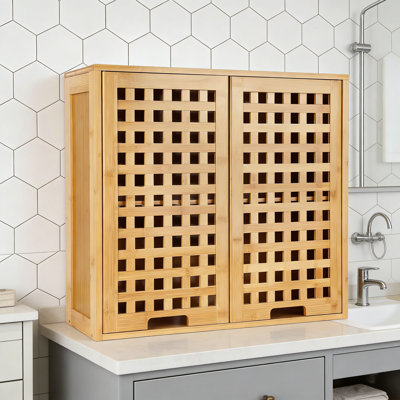 Bamboo Bathroom Wall Cabinet With Doors And Shelves - Over Toilet, Wall-Mounted Organizer For Storage
