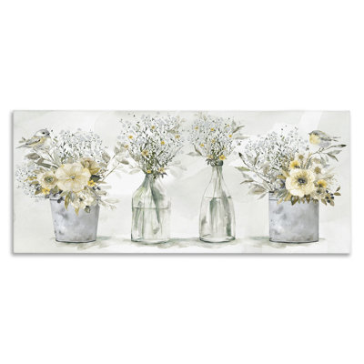 «Farmhouse Floral Bouquets Song Birds Rustic Vases XL», art mural sur toile par Carol Robinson