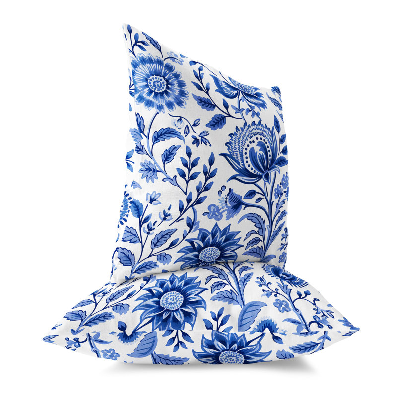 Blue and White Floral Faux Suede Square Throw Pillow