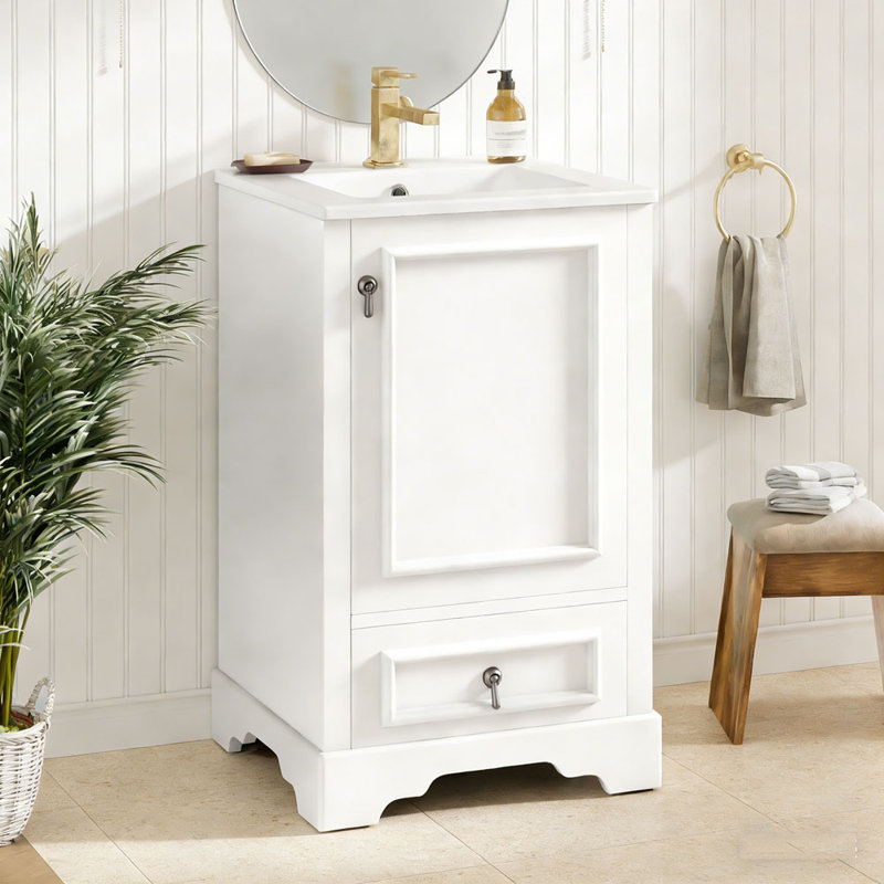 Meuble-lavabo de 20 po avec lavabo en céramique et tablette ajustable en forme de U, Blanc