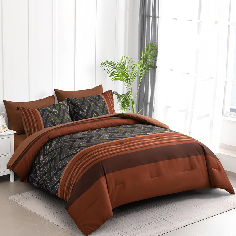 7-Piece Stripe Geometric Comforter Set, Soft Microfiber All-Season Complete Bedding Set, Burnt Orange