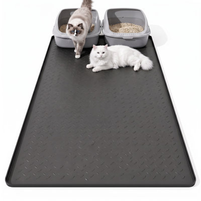 Extra Large Silicone Pet Placemat, Raised Lip Waterproof Feeding Tray Mat, Non‑Skid Spill‑Contained Floor Protector for Dog & Cat Food Bowls, Litter Boxes, Black / Gray