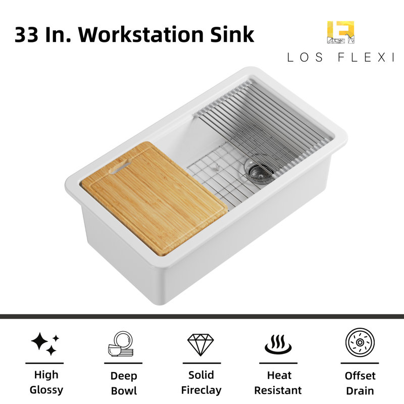 Los Flexi White Kitchen Sink Drop-in/Undermount Fireclay Workstation Deep Single Bowl, Offset Drain Opening, Cutting Board & Drying Rack Included