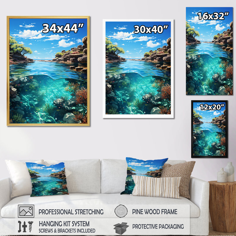 Australie, grande barrière de corail I - reproduction sur toile, Cadre simple noir, H 20 po x l 12 po x P 1 po