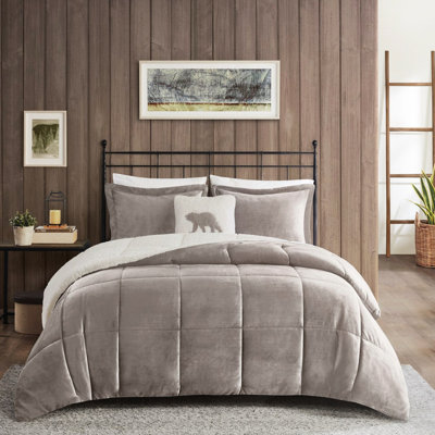 Lit double / grand à l'édredon - 2 taies décoratives et 1 coussin décoratif inclus, lavable à la machine, gris + plan avec coussin, literie à la machine
