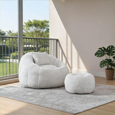 Fauteuil à billes 1 place, canapé-lit simple d'intérieur pour le salon et la chambre à coucher, fauteuil rond en chenille beige doux avec repose-pieds et coussin