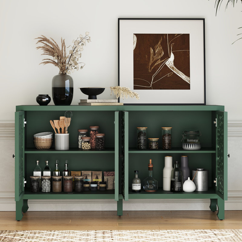 Carved Sideboard with Door and Solid Wood Legs, 32.3" H x 59.1" W x 15.8" D, Green