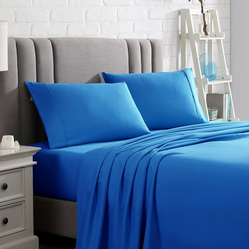  Ensemble de draps en microfibre ultra doux, Ensemble de draps pour grand lit + drap-housse + 2, Bleu tuba