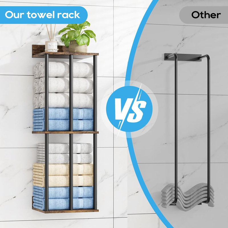 Porte-serviettes mural pour salle de bain avec tablette de rangement en bois, porte-serviettes en métal 3 barres