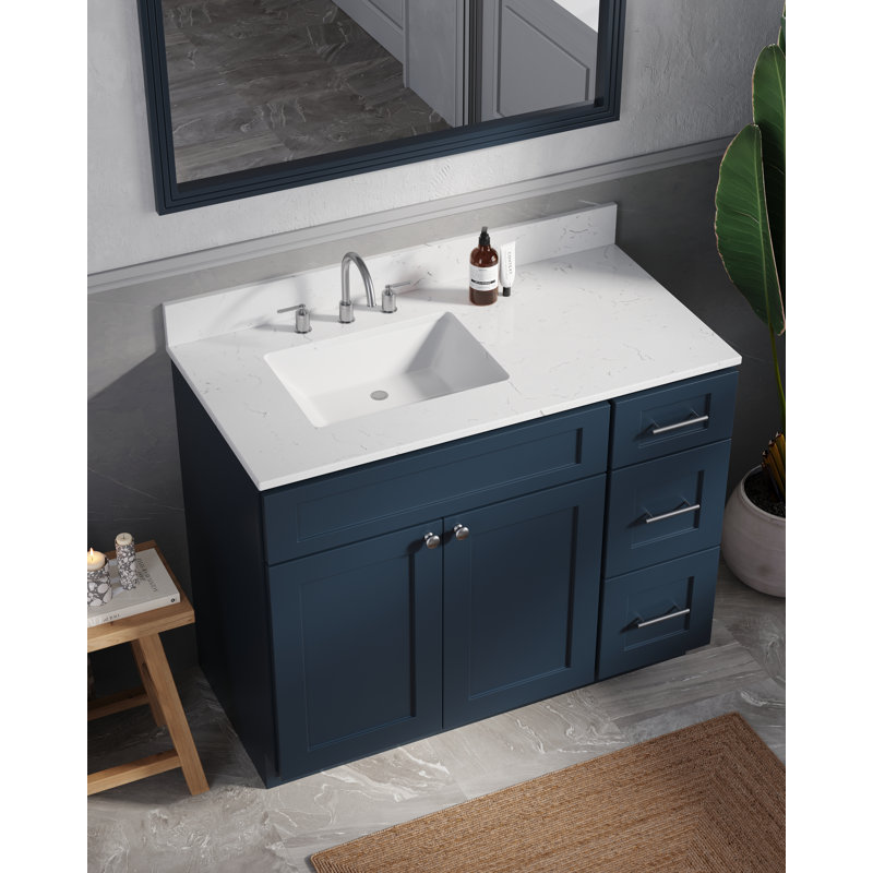 Meuble-lavabo simple avec plateau en quartz Disar, Gauche, Bleu