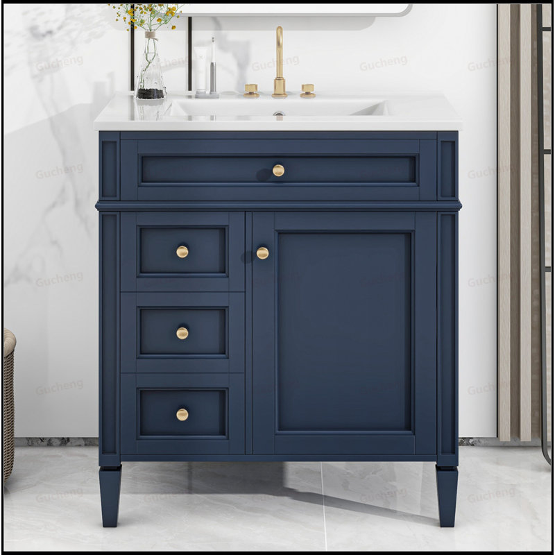 Meuble-lavabo à poignée dorée 30 po avec tiroir basculant et lavabo, Bleu marine/doré