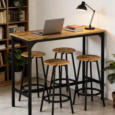 Table et tabourets 5 pièces de style industriel, surface brun rustique, métal noir, peu encombrant, repose-pieds, chaises de bar à hauteur de comptoir à assembler, design, finition, fabrication, coussins réglables
