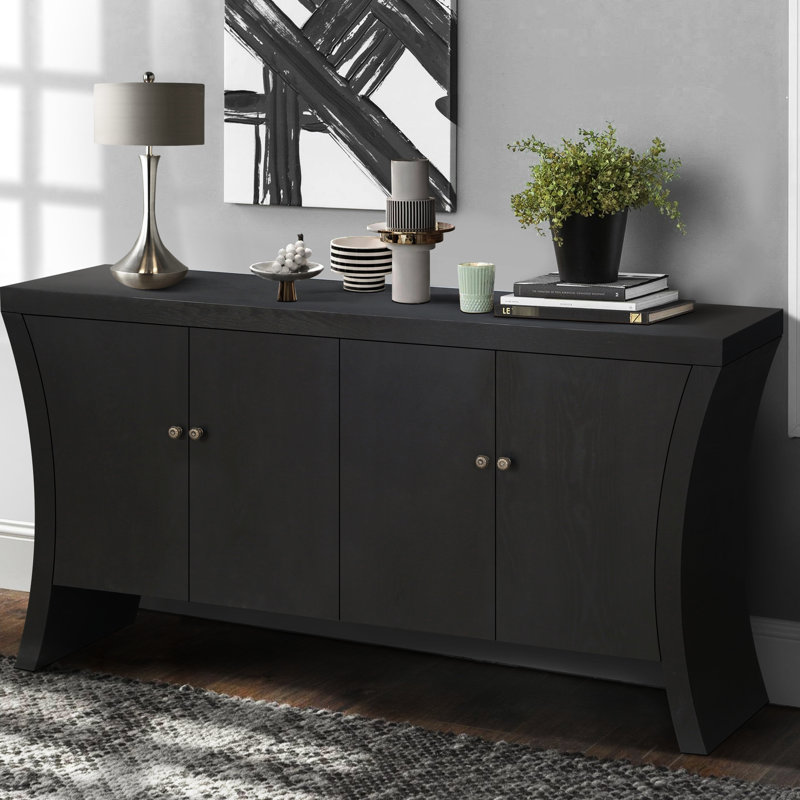 Armoire de rangement noire à 4 portes avec pieds en bois, Noir