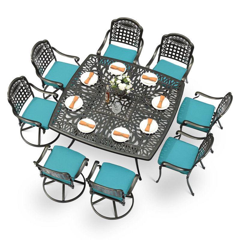 9-Piece Outdoor Patio Dining Set For 8, All Weather Cast Aluminum Patio Funiture Table And Chairs Set- Large 64" Square Table And 4 Swivel Rocker Chairs, 4 Stationary Chairs For Garden