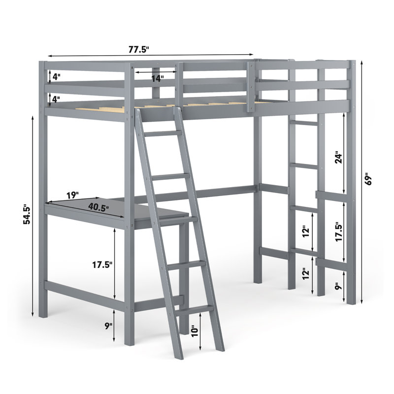 Diamonde Twin Loft Bed Frame W/desk Angled And Built-in Ladder Solid Wooden Frame Gray