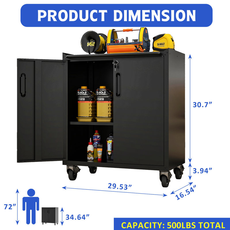 Metal Garage Storage Cabinet With Wheels, Black
