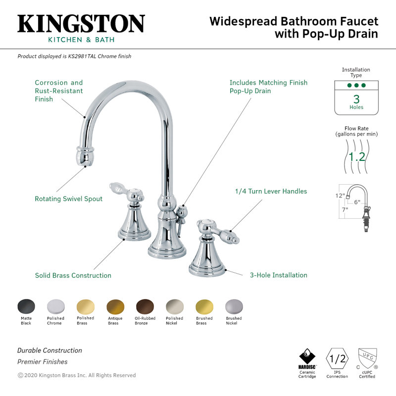 Kingston Brass Tudor Two-Handle 3-Hole Deck Mount Widespread Bathroom Faucet with Brass Pop-Up Drain, Matte Black