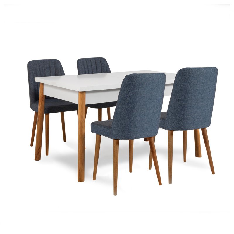 Cleary 4 - Person Dining Set, Brown, White, Navy Blue