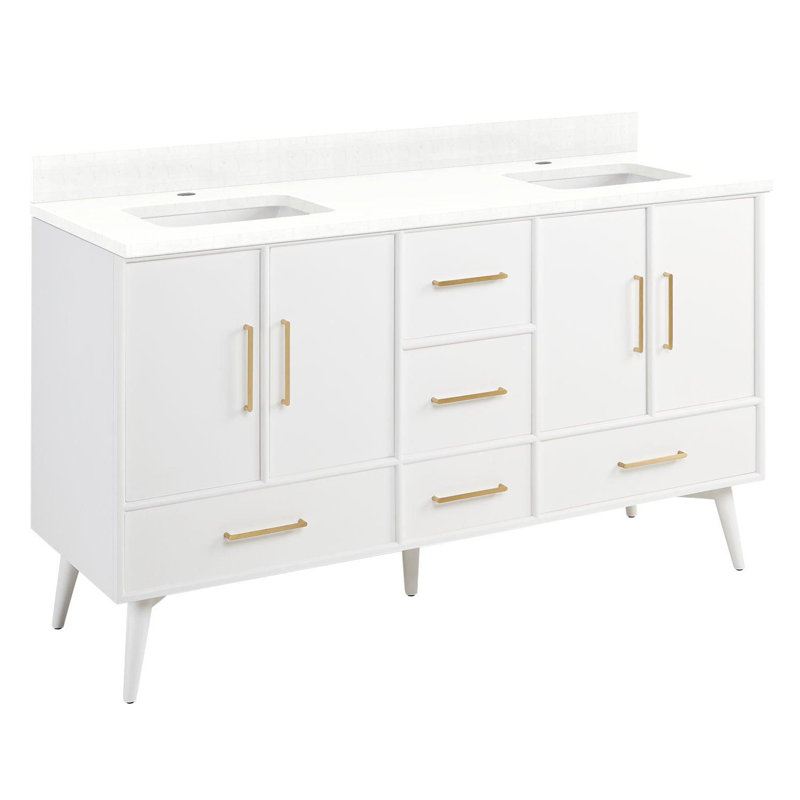 Ensemble de meuble-lavabo double 60 po avec lavabo sous plan Novak, Monotrou, Quartz blanc plume, Blanc