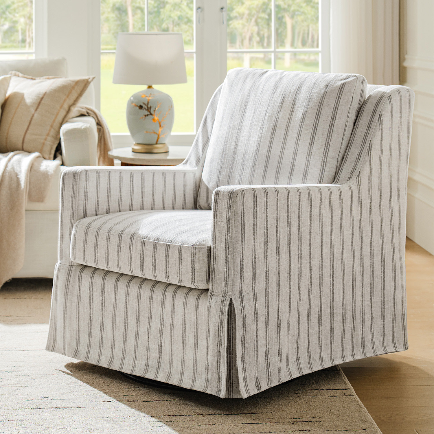Minni Farmhouse Swivel Rocking Chair, Gray Striped