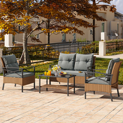 Lark Manor™ 4-Piece Patio Furniture Wicker Outdoor Bistro Set All-Weather Rattan Conversation Loveseat Chairs