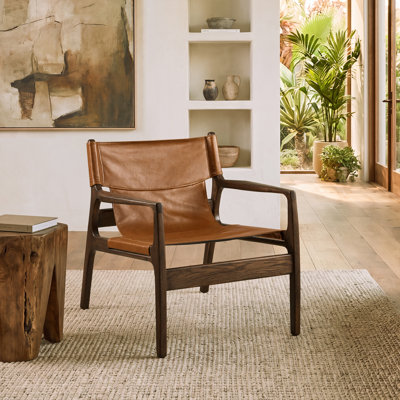 30" Genuine Leather Accent Armchair With  Ash Wood Frame