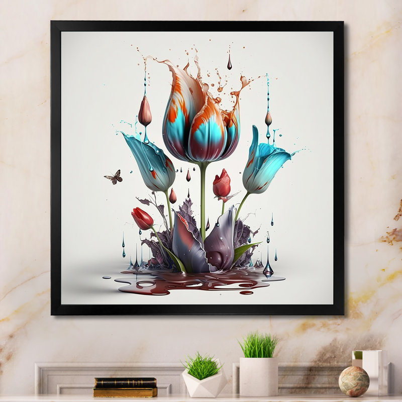 Goutte de peinture tulipe bleue Keli - reproduction, Cadre photo noir, H 16 po x l 16 po x P 1 po