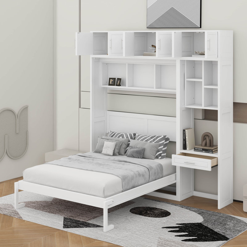 Lit escamotable double pleine grandeur avec bureau, Blanc, Lit double