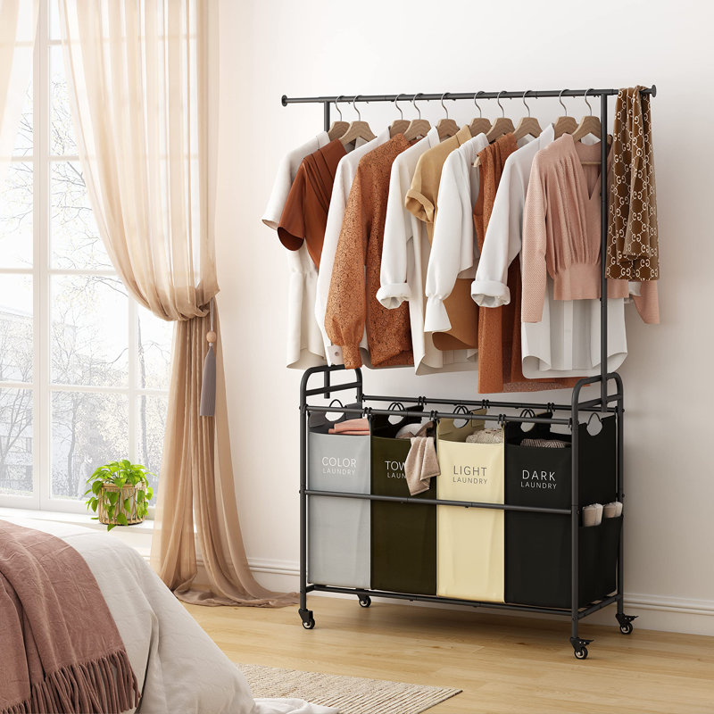 Black Metal Laundry Cart with Hanging Rack and Wheels