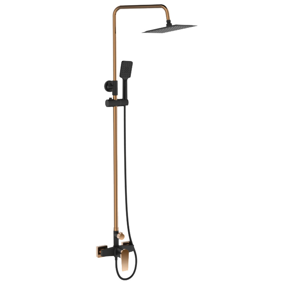 Black/Rose Gold Brass Bathroom Shower Column Set Handshower Square Rainfall