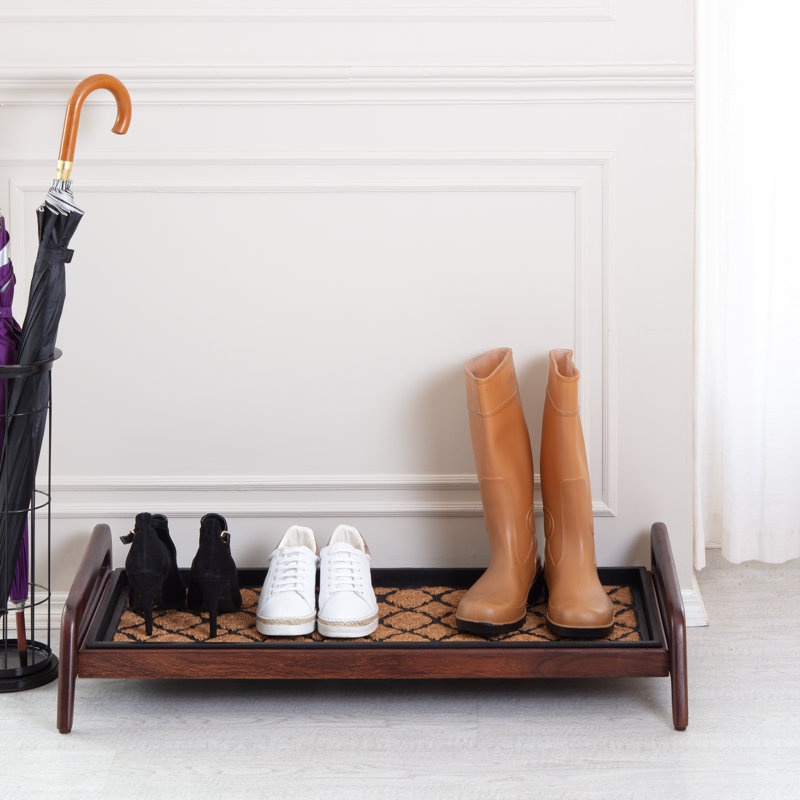 Support à bottes en bois massif de qualité supérieure avec tapis en fibre de coco naturelle - Rangement pour chaussures