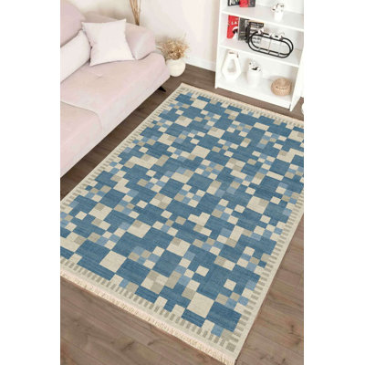 🟦 Blue Pixel Plaid Woven Area Rug