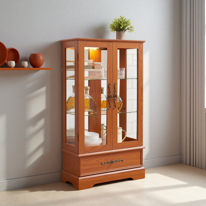 Armoire vitrée avec vitrine éclairée avec tablettes réglables en verre 2 portes et 1 tiroir avec ampoule incluse
