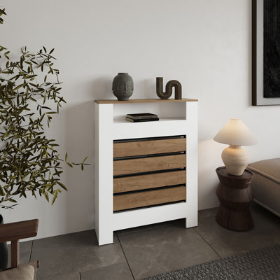 Radiator Cover Mistral Cabinet With Slatted Panel, Modern Home Furniture For Heating Units, Ventilated Decorative Enclosure, Light Oak