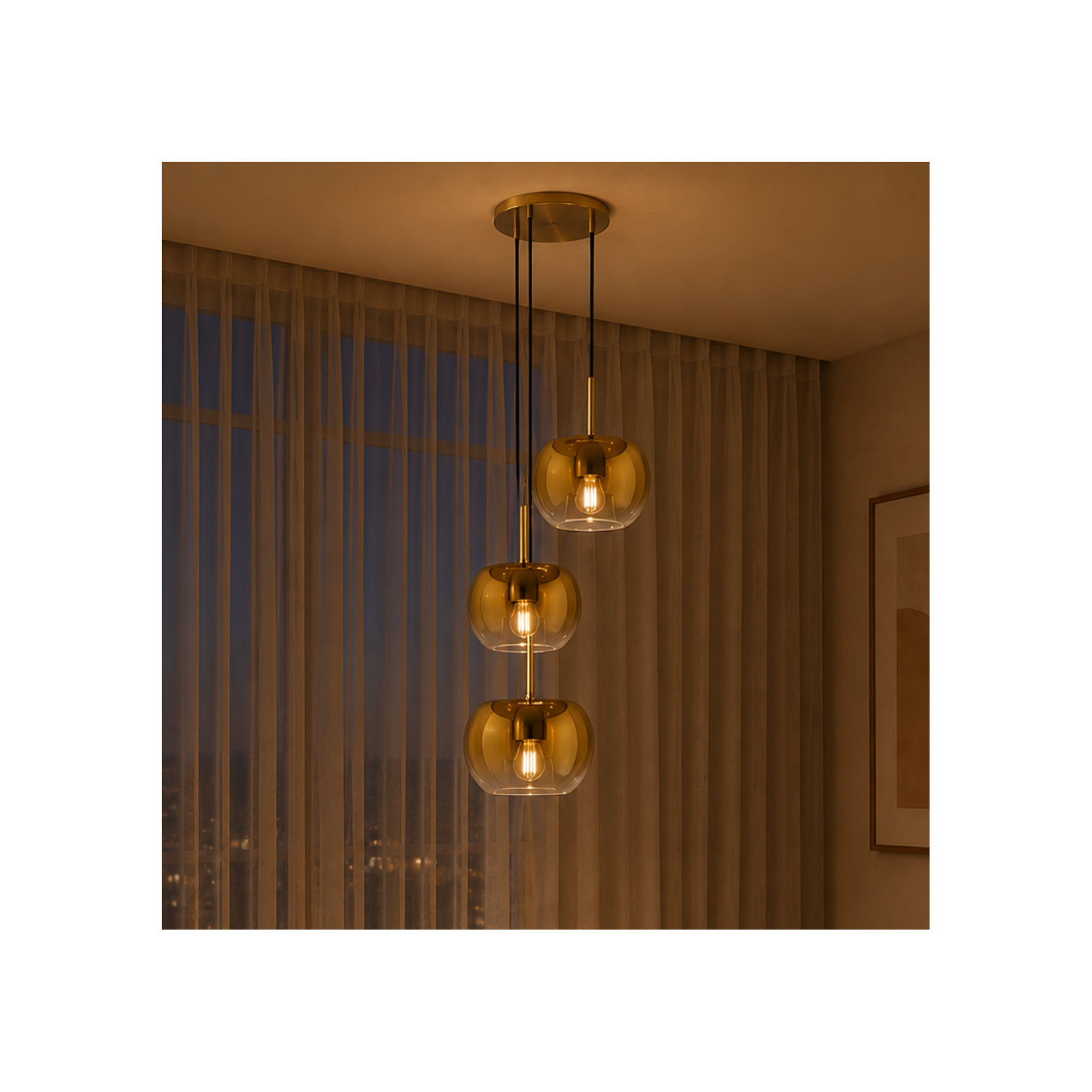 Samar 3 Light Glass Steel Pendant, Brushed Gold/Copper