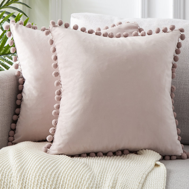 Pom Pom Velvet Tassels Pillow Cover, Pink, 20"x20"