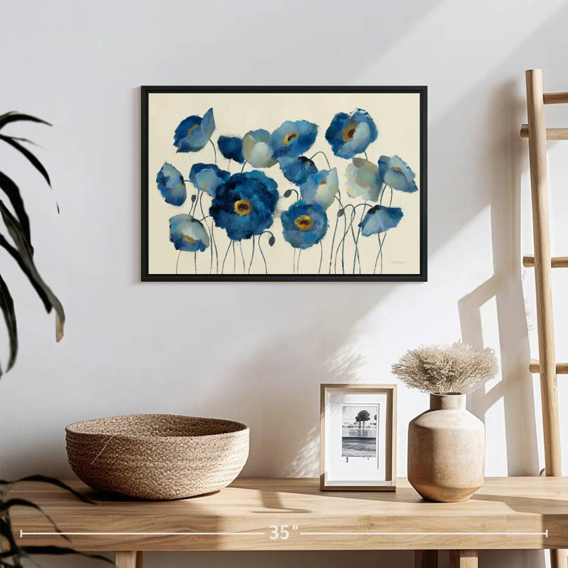 Aigue-marine floral sur crème, 19 po x 13 po, Cadre flottant noir