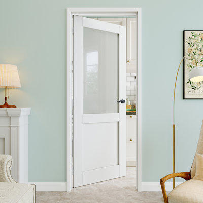 30" x 80" Half-Lite Frosted Glass Interior Prehung Door with Curve Lever and Silver Hinges, Privacy Glass Door Slab, Paintable & Waterproof, Suit for Laundry, Closet Doors, Room Doors, Left Hand