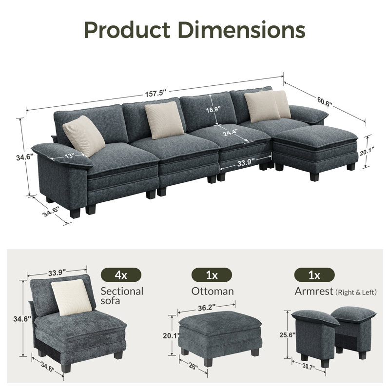 Canapé modulaire de 158 po, canapé en L surdimensionné avec repose-pieds et siège profond à 5 places avec coussin décoratif