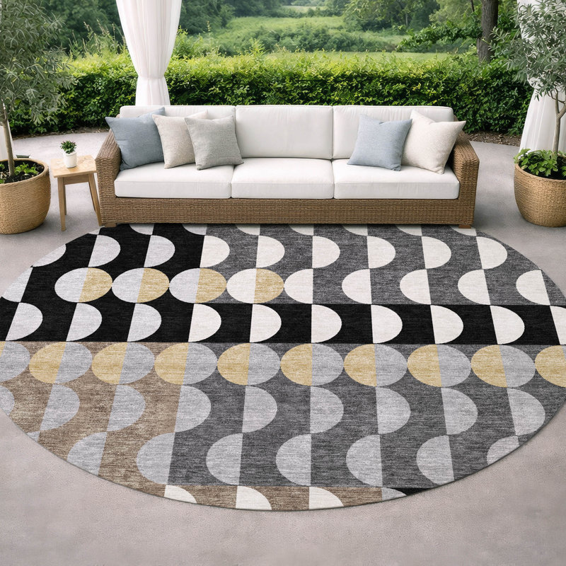 Tapis géométrique intérieur / extérieur lavable à la machine Chantille ACN2816, Rond 8 pi, Noir