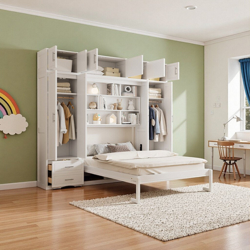 Grand lit escamotable avec système de rangement intégré, Blanc