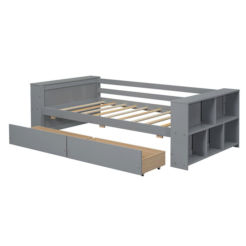 Lit de jour simple avec tablettes et tiroirs, gris