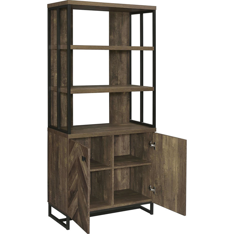 Bibliothèque à 2 portes en chêne rustique avec détails à chevrons, 3 tablettes ouvertes et 2 textures intérieures réglables