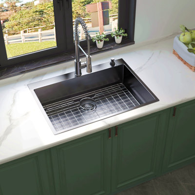 30X22 Inch Gunmetal Black Drop In Topmount 18 Gauge Stainless Steel  Single Bowl Kitchen Sink With Pull Out Faucet