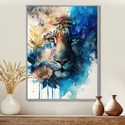 Portrait de tigre avec fleurs II - tigre, reproduction sur toile encadrée