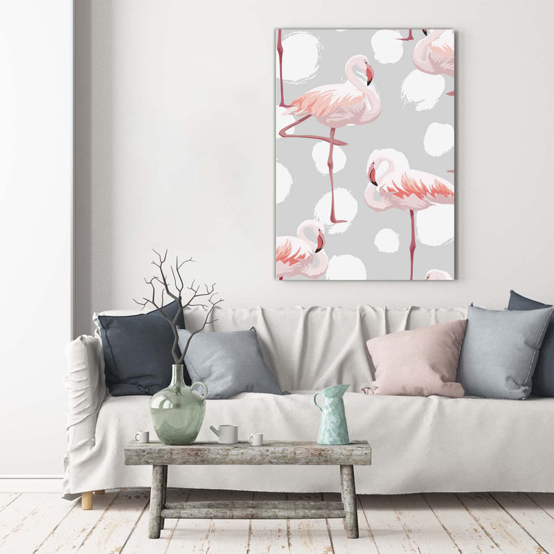 Flamingos And Dots - Wrapped Canvas Print