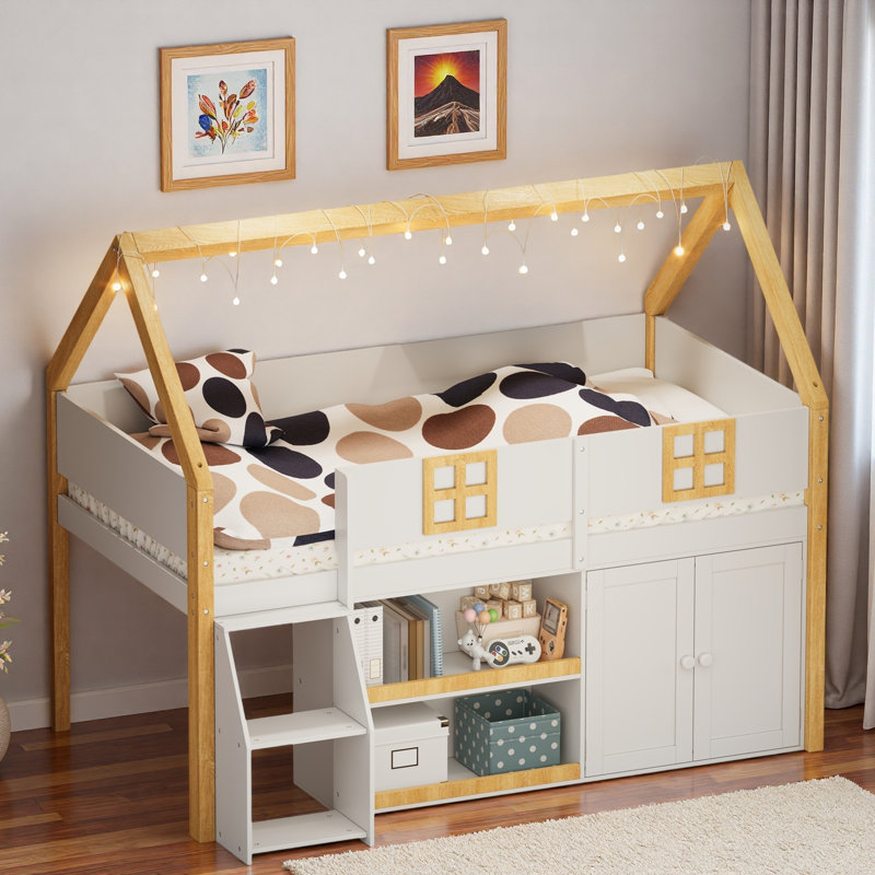 Lit mezzanine bas avec tablettes, armoires et lumières à DEL, Double