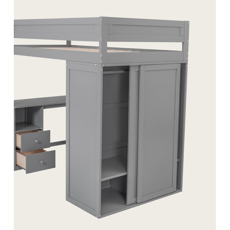 Premium Solid Wood Loft Bed with Built-In Wardrobe & Study Desk, Twin, Gray