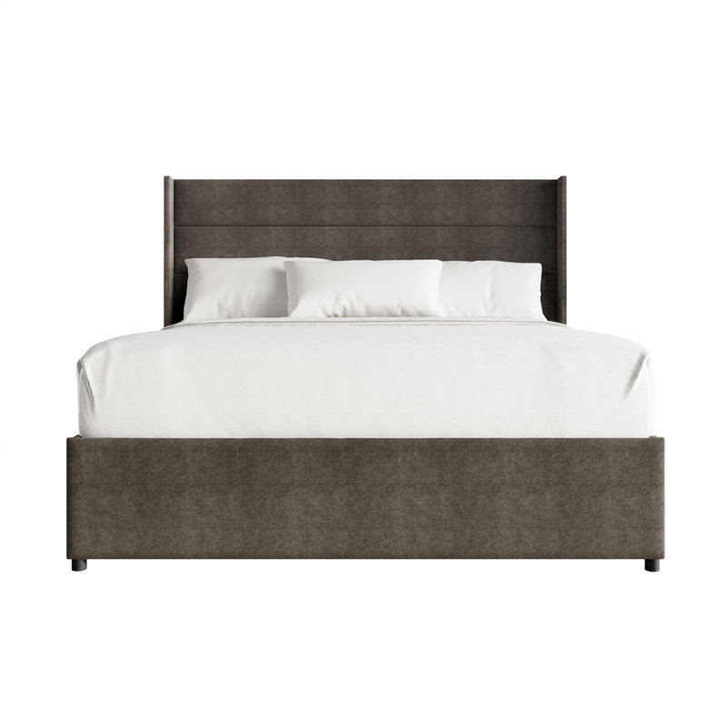 FULL SIZE WINGBACK PLATFORM LIFT UP STORAGE BED IN BROWN LINEN, BROWN, FULL